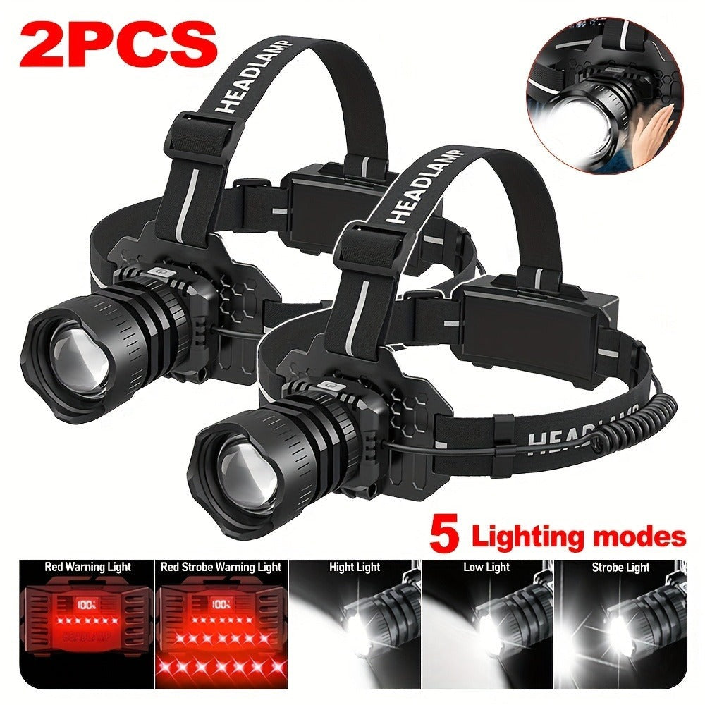 1/2pcs Linterna Frontal LED Recargable, 5 Modos de Iluminación con Luces de Advertencia de Luz Roja, Linterna Frontal Ajustable y Zoomable de 90° para Correr, Linterna Frontal de Caza Súper Brillante para Camping, Senderismo, Pesca, Running, Reparación de