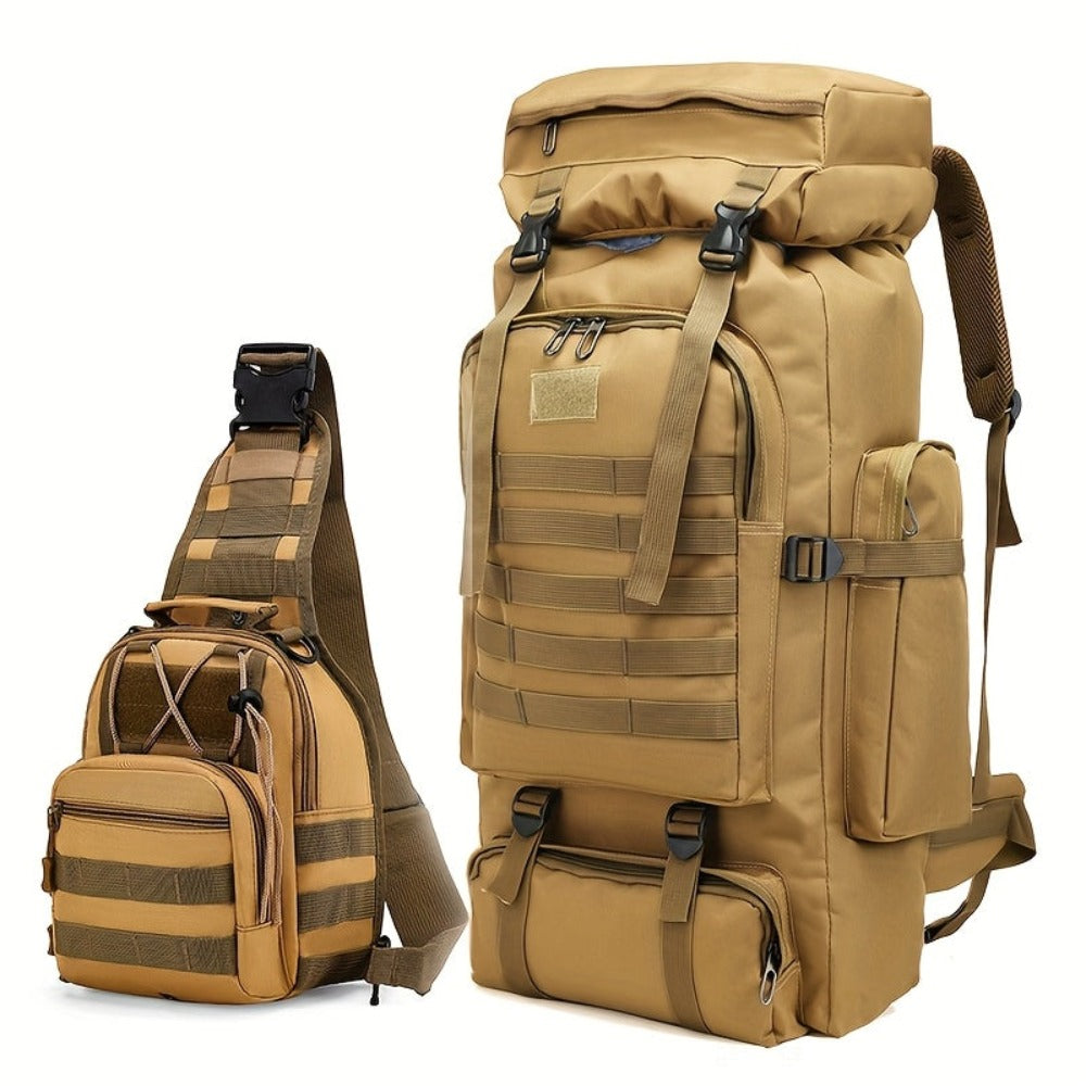 Un conjunto de dos piezas, una mochila para senderismo y montañismo