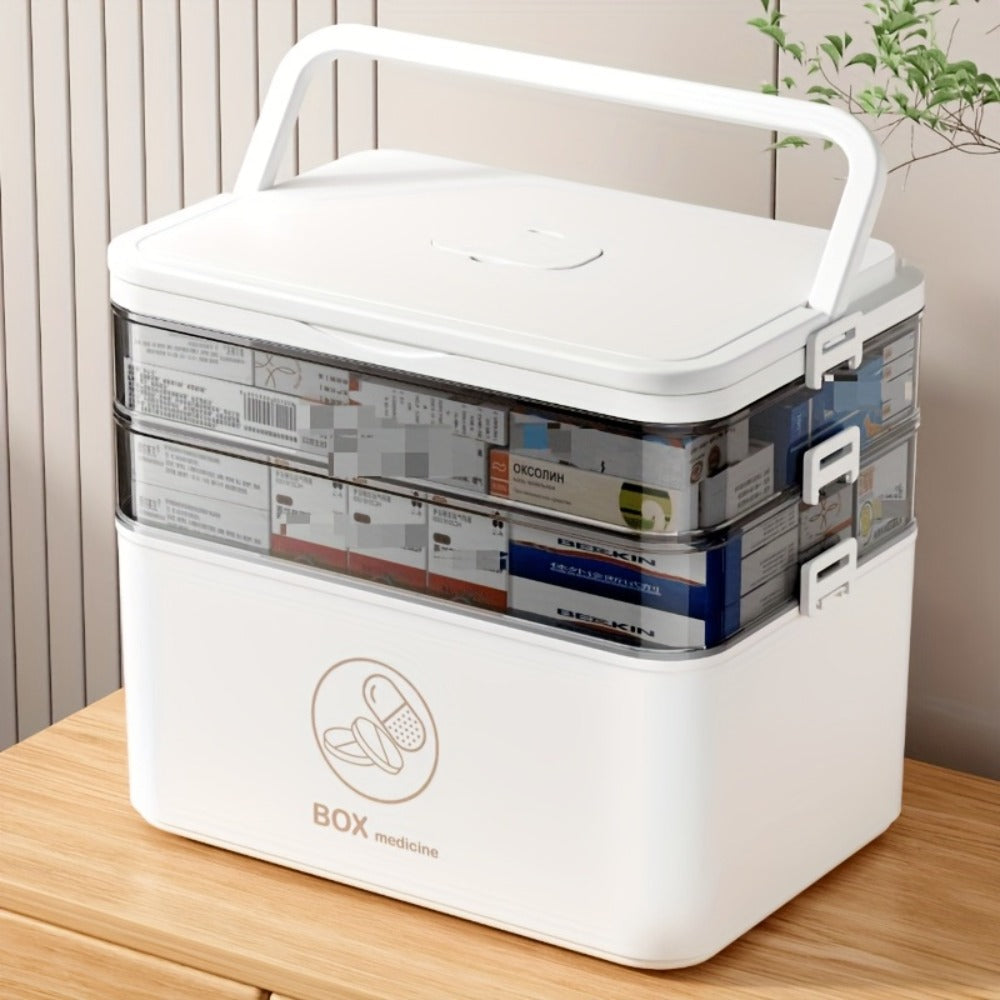 Organizador Médico de 3 Niveles - Caja de Almacenamiento de Medicina Familiar de Gran Capacidad con Cierre Seguro a Presión, Diseño Portátil Resistente para Hogar/Viajes/Oficina, Regalo Esencial Ideal para la Salud y la Seguridad