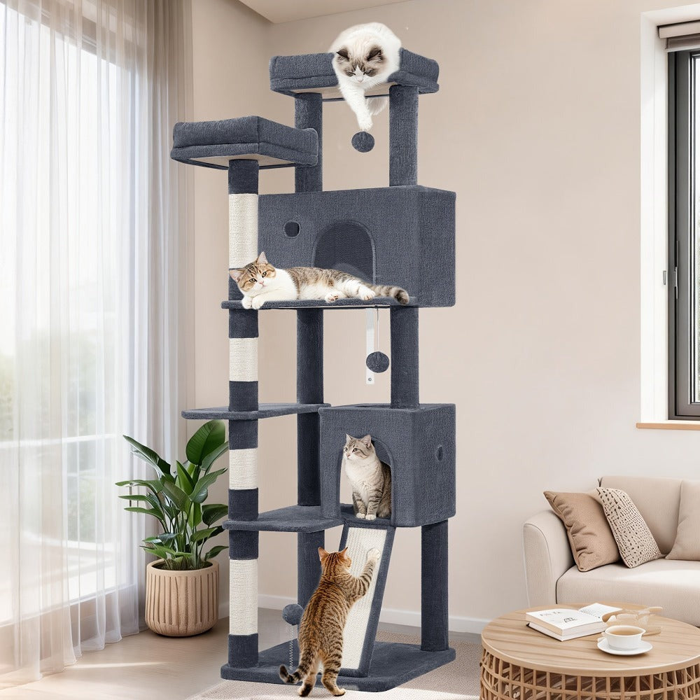 Fobyfurny Árbol para Gatos, Torre de 178cm para Gatos de Interior, Marco de Escalada para Gatos de Múltiples Niveles con Postes Rascadores, Tabla Rascadora, 2 Condominios Cómodos, 2 Perchas, Pompones, Lugar de Descanso
