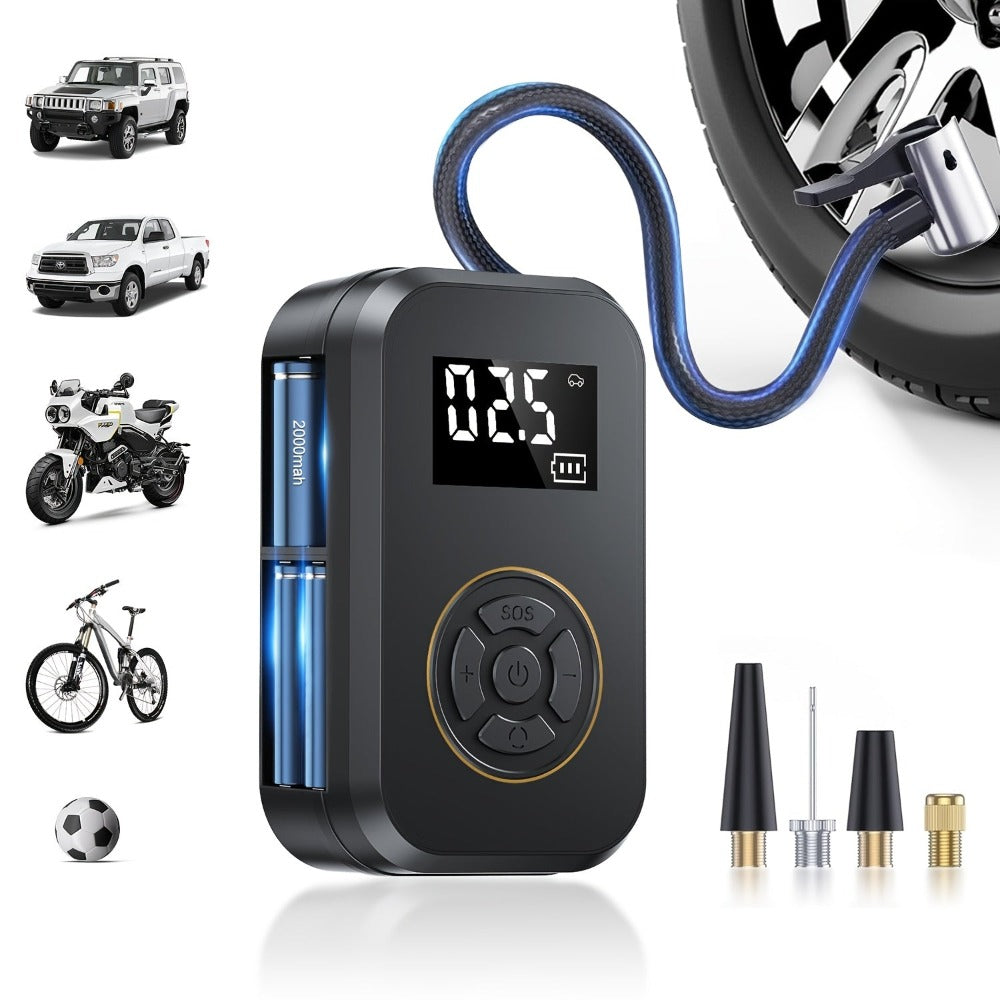 Inflador de neumáticos portátil inalámbrico de 120 vatios con pantalla digital para coche, compresor de aire para motocicleta, inflador de neumáticos inalámbrico portátil para coche con luz LED y adaptador de boquilla