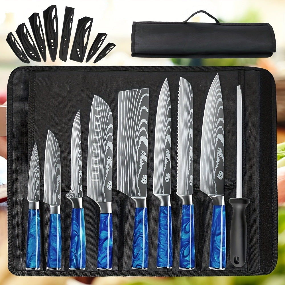 Juego de 8 cuchillos, perfecto para uso en la cocina, con hojas de acero inoxidable ultra afiladas para un rendimiento duradero. Disponible en azul, verde, negro y morado, viene con una funda de nailon para un almacenamiento y transporte convenientes