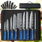 Juego de 8 cuchillos, perfecto para uso en la cocina, con hojas de acero inoxidable ultra afiladas para un rendimiento duradero. Disponible en azul, verde, negro y morado, viene con una funda de nailon para un almacenamiento y transporte convenientes
