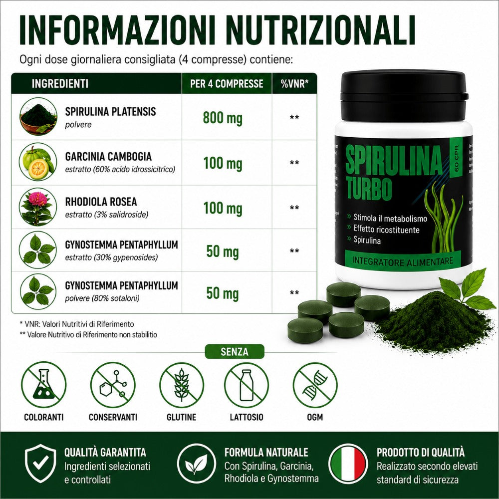 Spirulina Turbo – Suplemento Dietético a Base de Espirulina – 60 Tabletas Veganas de 500 mg – Apoyo para la Rutina Diaria y el Bienestar