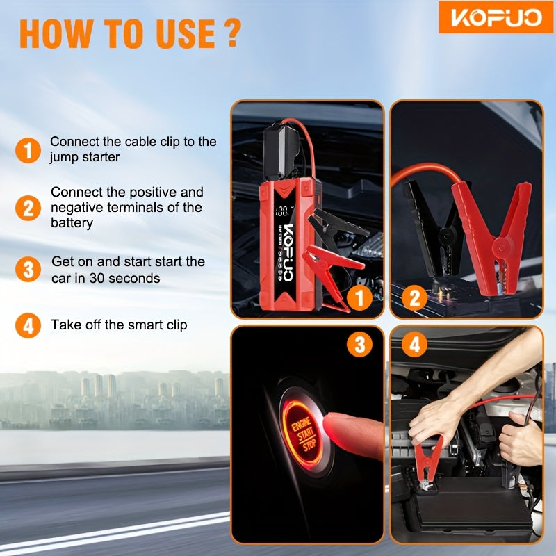 Arrancador portátil de batería de coche KOPUO 6000A - Herramienta profesional de mecánico automotriz (hasta 8.5L gasolina/7L diésel) Banco de baterías de emergencia de 12V con pinzas de seguridad inteligentes, pantalla LCD, diseño de luz LED ultrabrillant