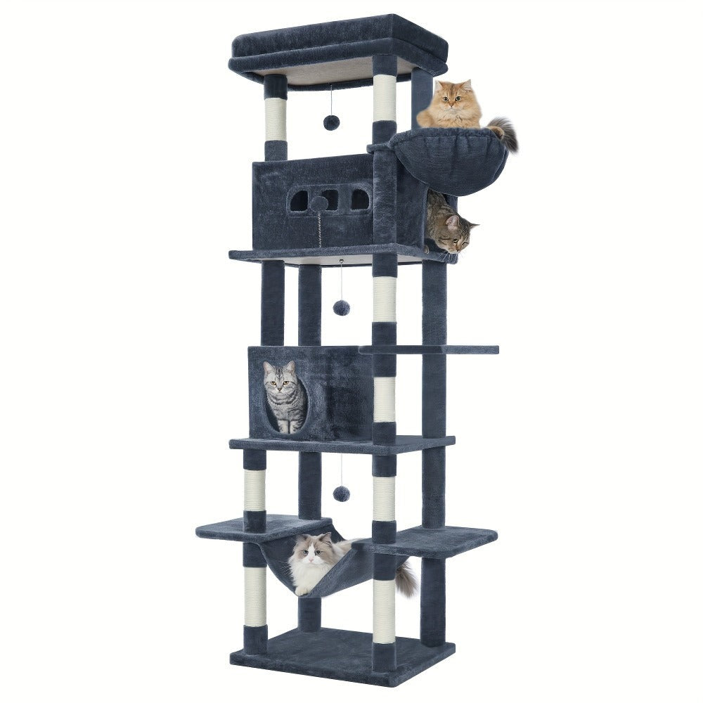 Árbol para gatos extra alto de 210 cm con 8 postes rascadores y 2 cuevas - Muebles para gatos de múltiples niveles de alta resistencia, tapete lavable, hamaca y pelotas de felpa - Torre para gatos grande con base resistente