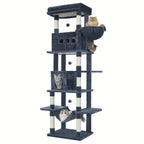 Árbol para gatos extra alto de 210 cm con 8 postes rascadores y 2 cuevas - Muebles para gatos de múltiples niveles de alta resistencia, tapete lavable, hamaca y pelotas de felpa - Torre para gatos grande con base resistente