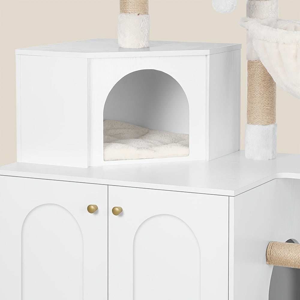 Árbol para Gatos con Armario de Letrero, Armario para Gatos, Casa Moderna 4-en-1 con Plataforma Grande, Casa para Gatos con Alfombra Rascadora de Sisal, Postes y Pompones, Cojines Lavables