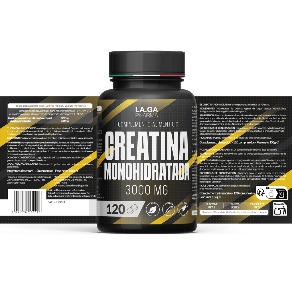 [2PZ PROMO] Creatina Monohidrato Pura 3000mg – 120 Comprimidos | Suplemento para Aumento de Fuerza, Rendimiento y Masa Muscular | Fabricado en Italia
