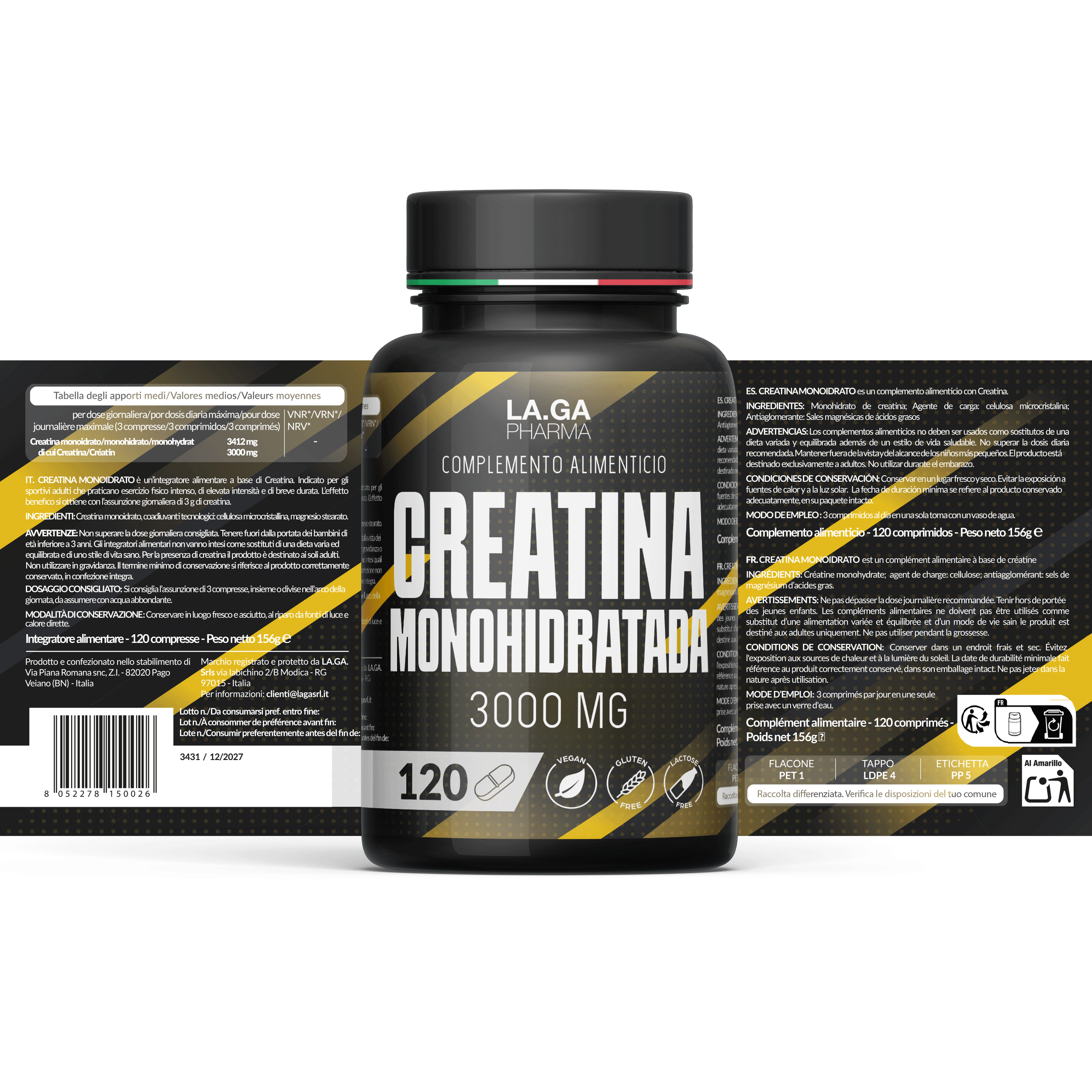[2PZ PROMO] Creatina Monohidrato Pura 3000mg – 120 Comprimidos | Suplemento para Aumento de Fuerza, Rendimiento y Masa Muscular | Fabricado en Italia