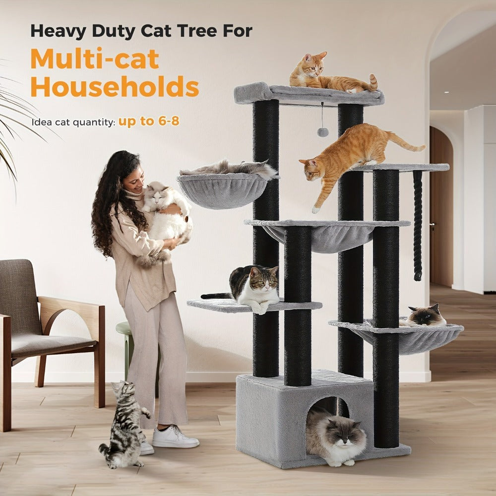Árbol para Gatos Grande - Torre para Gatos de 170 cm de Altura para Gatos Adultos de Interior con 13 Postes de Rascado Negros Gruesos (10.9 cm), Condominio para Gatos de Múltiples Niveles, Plataforma Súper Grande y Hamacas para Maine Coon de 9 kg