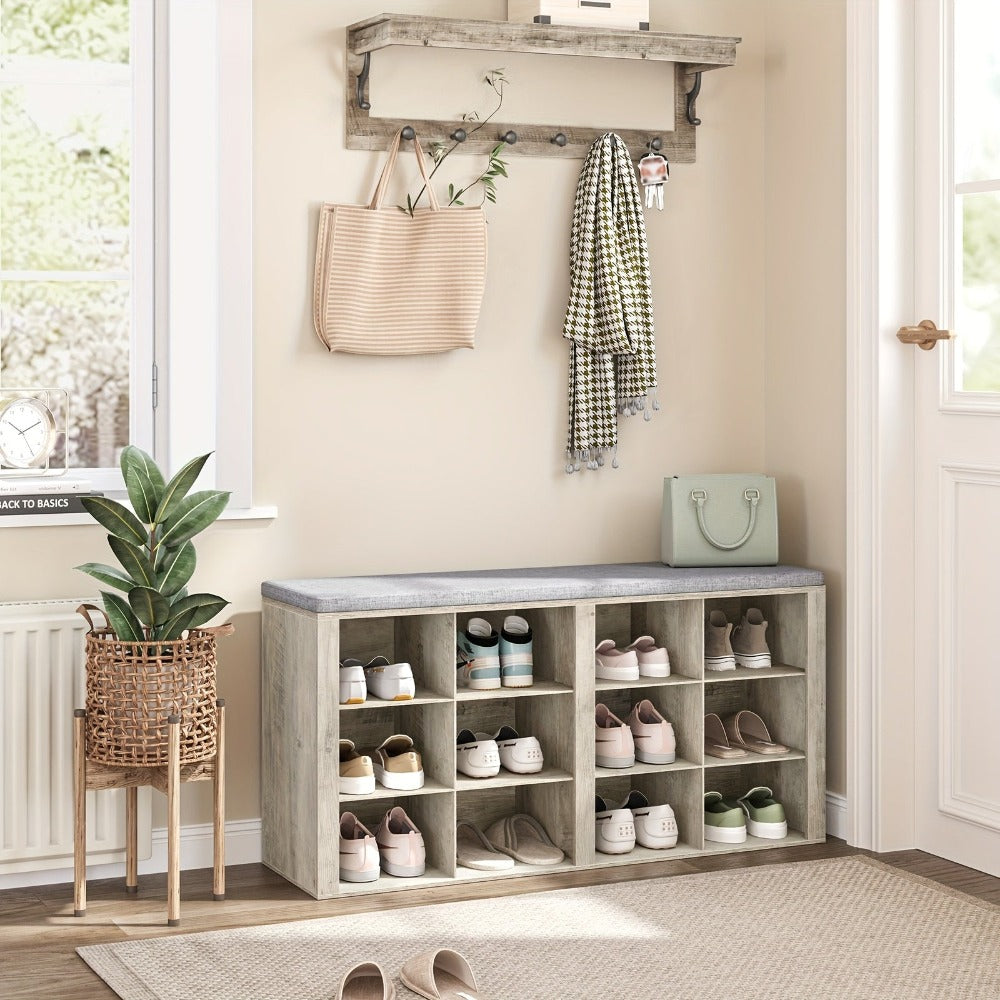 Banco para Zapatos, Estante con Asiento, Banco con Almacenamiento, Cojín, 12 Compartimentos, para Sala, Pasillo, Dormitorio, Blanco-Gris