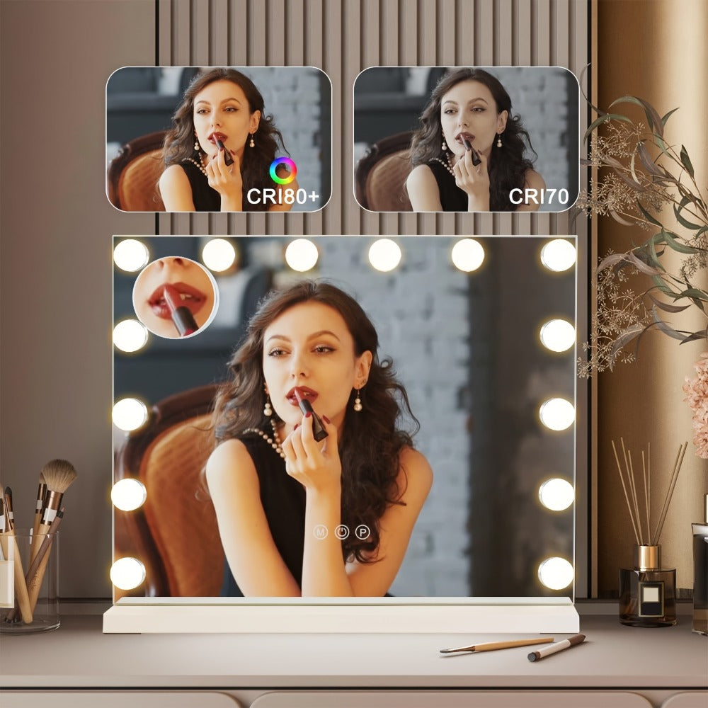 Espejo de maquillaje Hollywood con iluminación - Espejo de tocador con 14 luces LED, puerto USB, espejo cosmético de 50x40 cm - Espejo de tocador táctil regulable con 3 modos