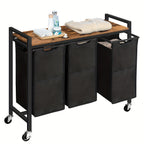 Cesto de lavandería de 3 compartimentos, recolector de ropa con estante, caja de lavandería, carrito de lavandería, 3 X 39.8 L, bolsa de lavandería hecha de tela Oxford, 84 X 33 X 74.5 Cm, marrón y negro vintage, cestos de lavandería