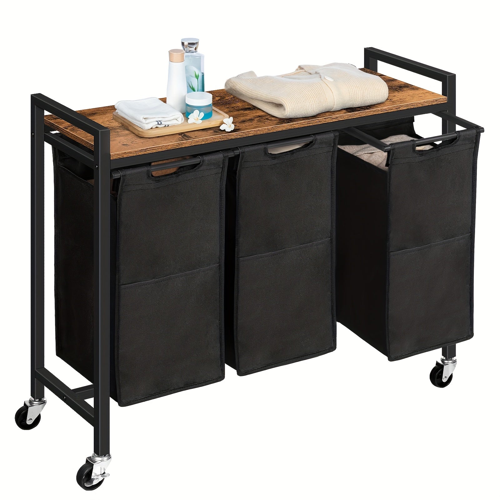 Cesto de lavandería de 3 compartimentos, recolector de ropa con estante, caja de lavandería, carrito de lavandería, 3 X 39.8 L, bolsa de lavandería hecha de tela Oxford, 84 X 33 X 74.5 Cm, marrón y negro vintage, cestos de lavandería