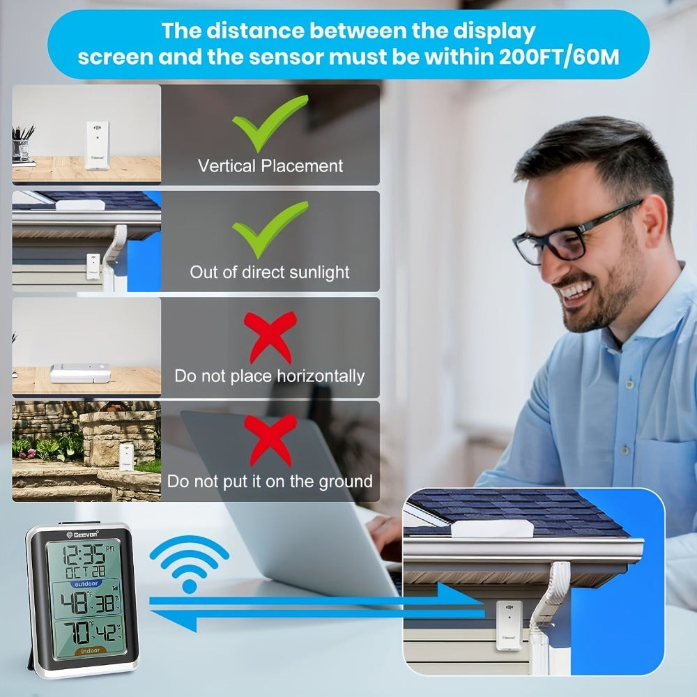 GEEVON Termómetro y higrómetro digital inalámbrico con reloj - Uso interior/exterior, escala dual (Fahrenheit/Celsius), monitor de temperatura y humedad de alta precisión, montable en la pared