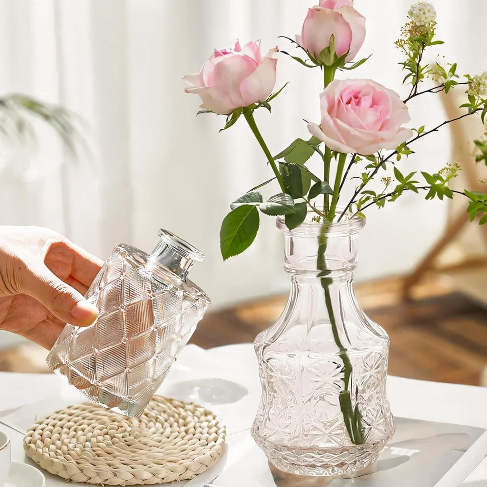 Juego de 12 jarrones de vidrio vintage para arreglos florales, con mini frascos de cristal transparente ideales para centros de mesa, decoración de bodas, uso doméstico y decoraciones para fiestas de flores