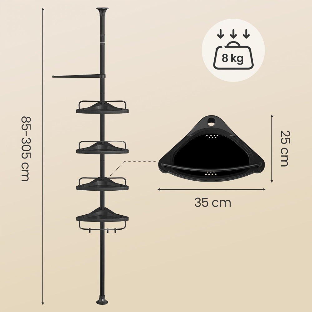 Estante de Esquina para Ducha, Estante de Baño de 4 Niveles, Organizador Ajustable de 85 a 305 cm, Estantes para Baño