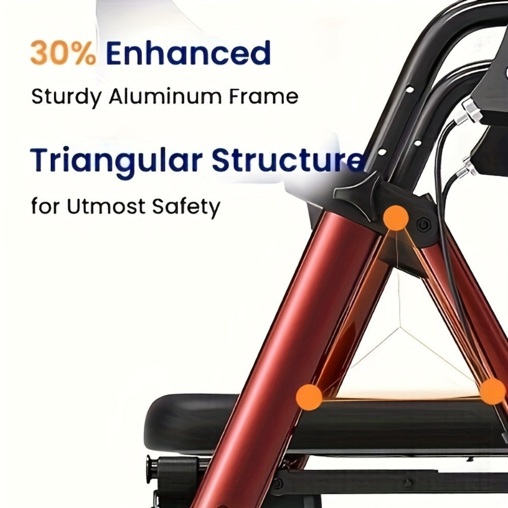 Andador Rollator Plegable para Adultos Mayores, Ayuda de Movilidad Ligera de Aluminio, Ruedas Univer Todoterreno de 20.32cm, Altura Dual Ajustable, Asiento y Respaldo Acolchado Ergonómico de PU, Capacidad de Peso de 136.08 KG