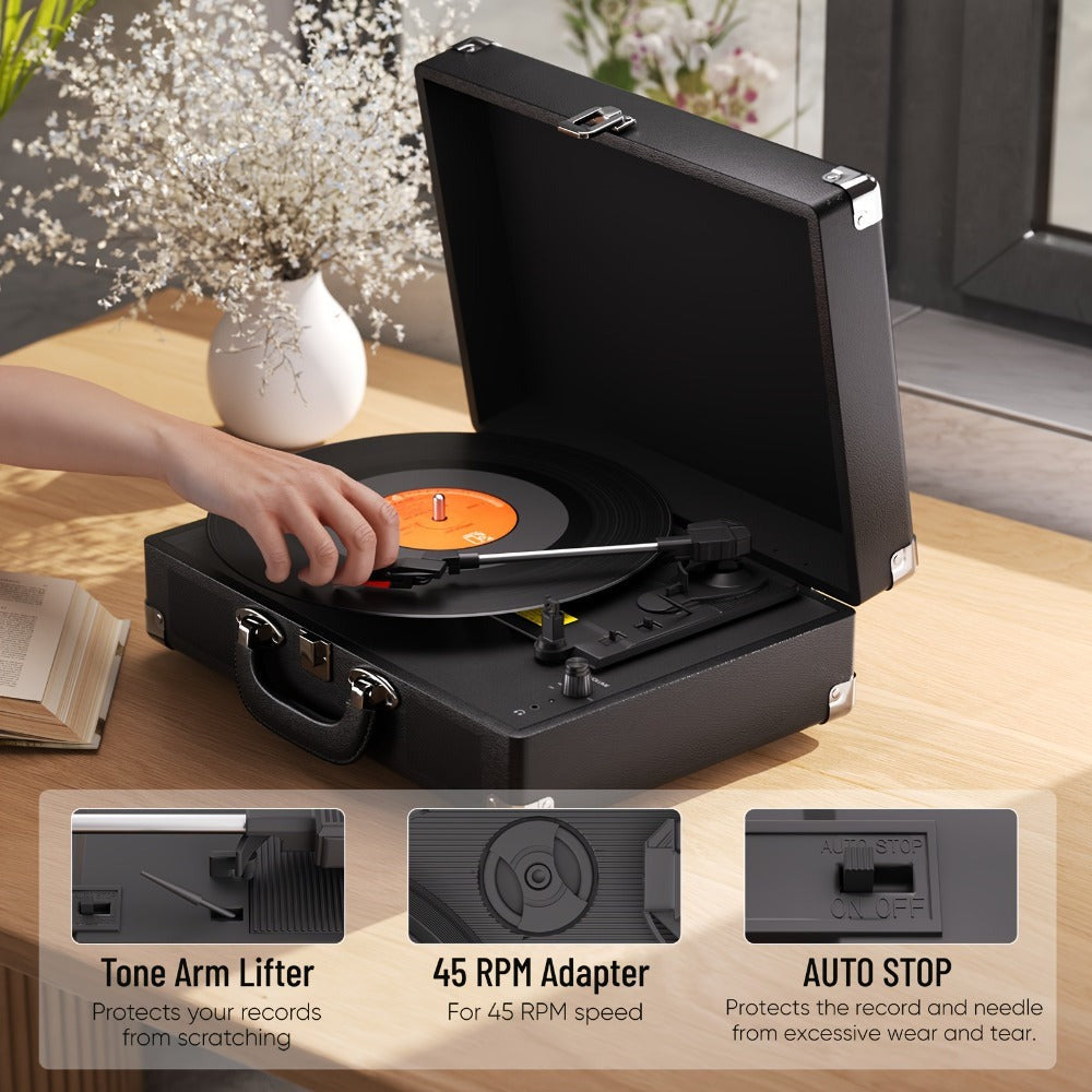 Tocadiscos Clásico Maio C200, Reproductor de Vinilo, Plancha de Discos, Unidad de Tocadiscos, Estéreo de Alta Calidad, Altavoz Integrado, 3 Velocidades, Tocadiscos Clásico con Transmisión por Correa, Salida de Audio de 3.5 mm, Compatible con Altavoces Ext