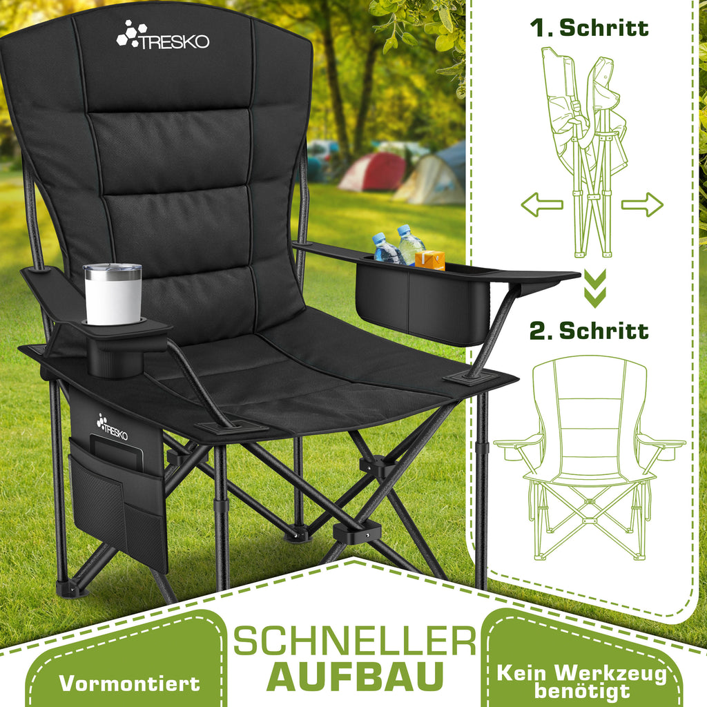 TRESKO® Silla de Camping Plegable hasta 200Kg | Silla Plegable con Bolsa Nevera, Portavasos y Bolsillo Lateral | Silla XXL Plegable Incluye Bolsa de Transporte | Silla de Pesca Acolchada para Exterior, Pesca, Festival y Jardín
