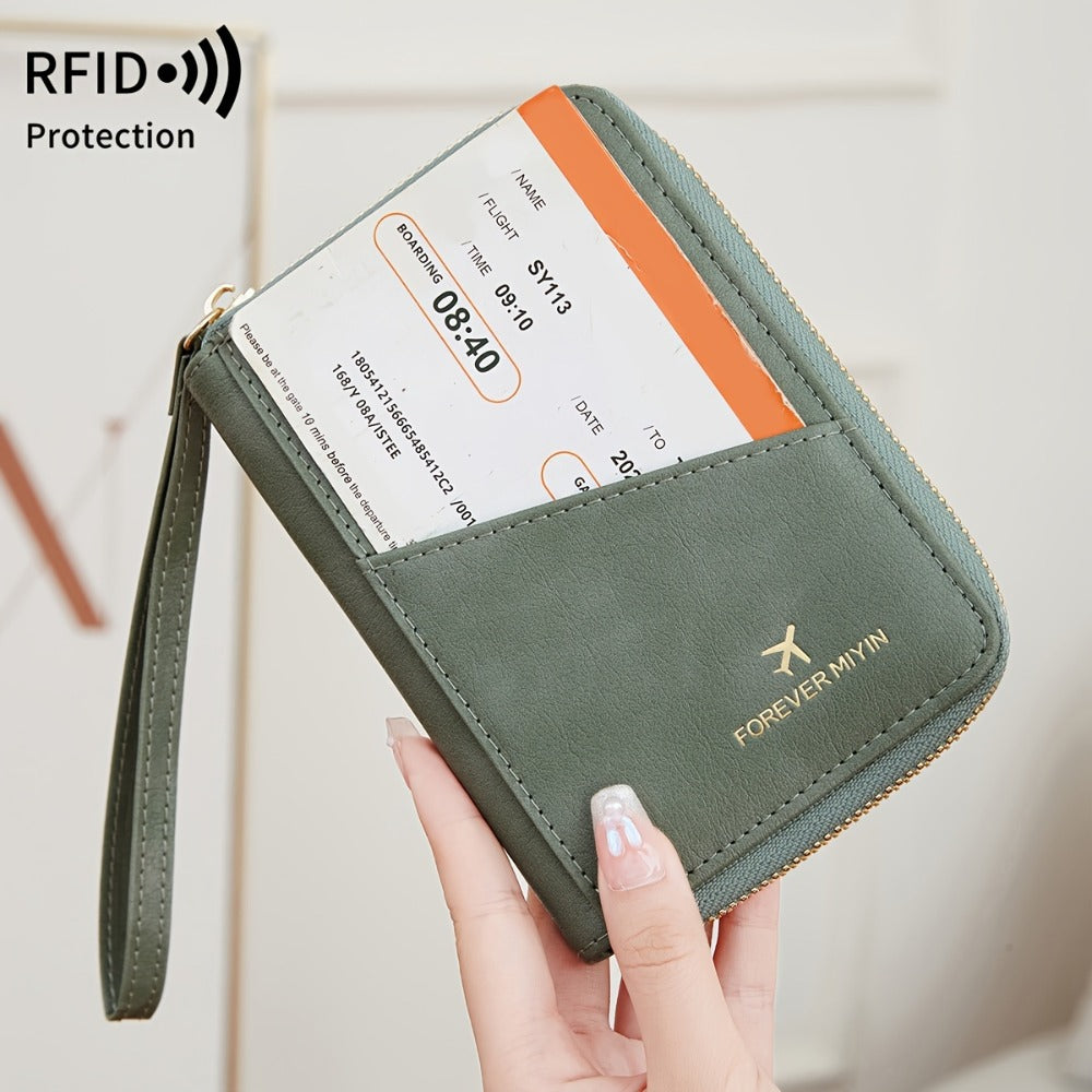Portapassaporte RFID con cremallera y correa de muñeca, bolsa de almacenamiento multifuncional portátil para viajes, pasaporte y documentos, tarjetero