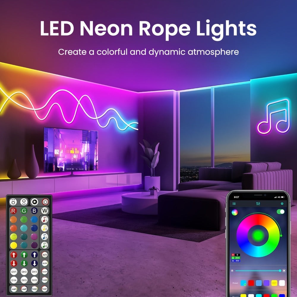 Tira de LED Neon RGB Inteligente Mejorada de Mexllex con Control por App/Control Remoto, Varios Modos, Funciones de Temporizador y Sincronización de Música para Gaming y Decoración de Habitaciones