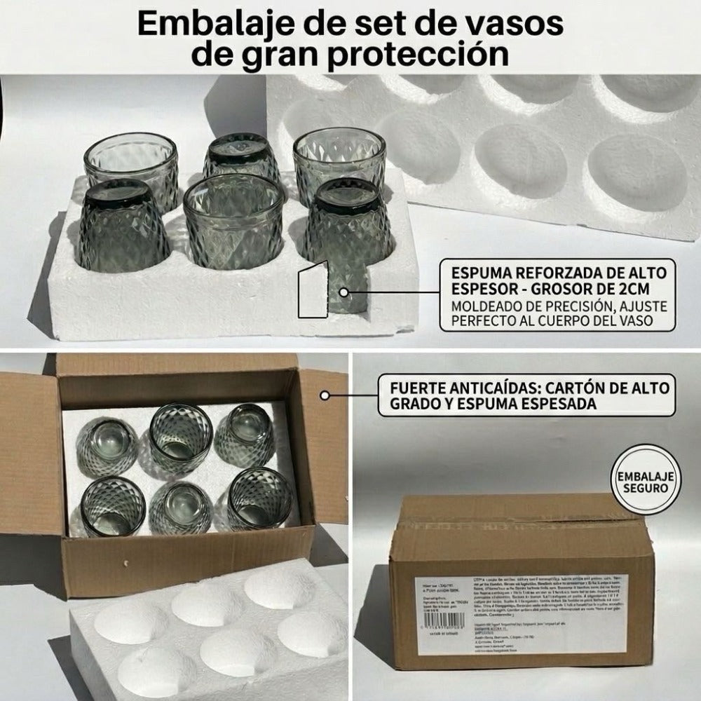 TRESV Set de 6 Vasos de Cristal 250ml | Diseño de Diamante Elegante | Aptos para Lavavajillas | Vidrio Sin Plomo para Agua y Refrescos