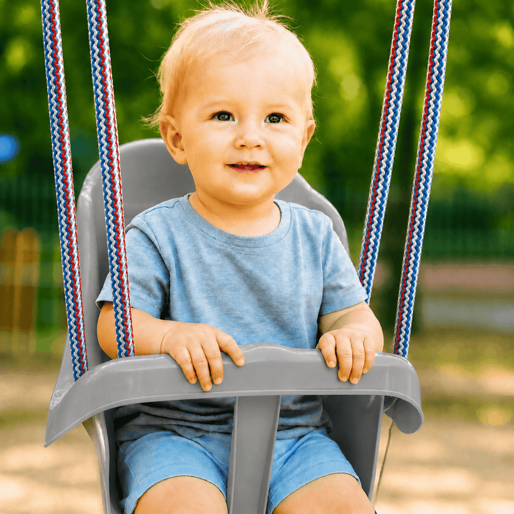 Colgacama tipo cubo para niños con cinturón de seguridad y cuerdas ajustables, asiento con respaldo alto y protección lateral, polipropileno duradero resistente a las condiciones climáticas y radiación UV, colgacama fácil de limpiar para el jardín, terraz