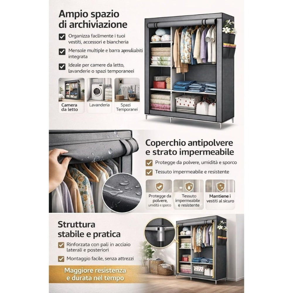 Armario Cecaro Group de tela 105X45X170 Cm - Estructura de acero reforzado, antipolvo e impermeable, armario portátil con estantes y barra para colgar, fácil de montar