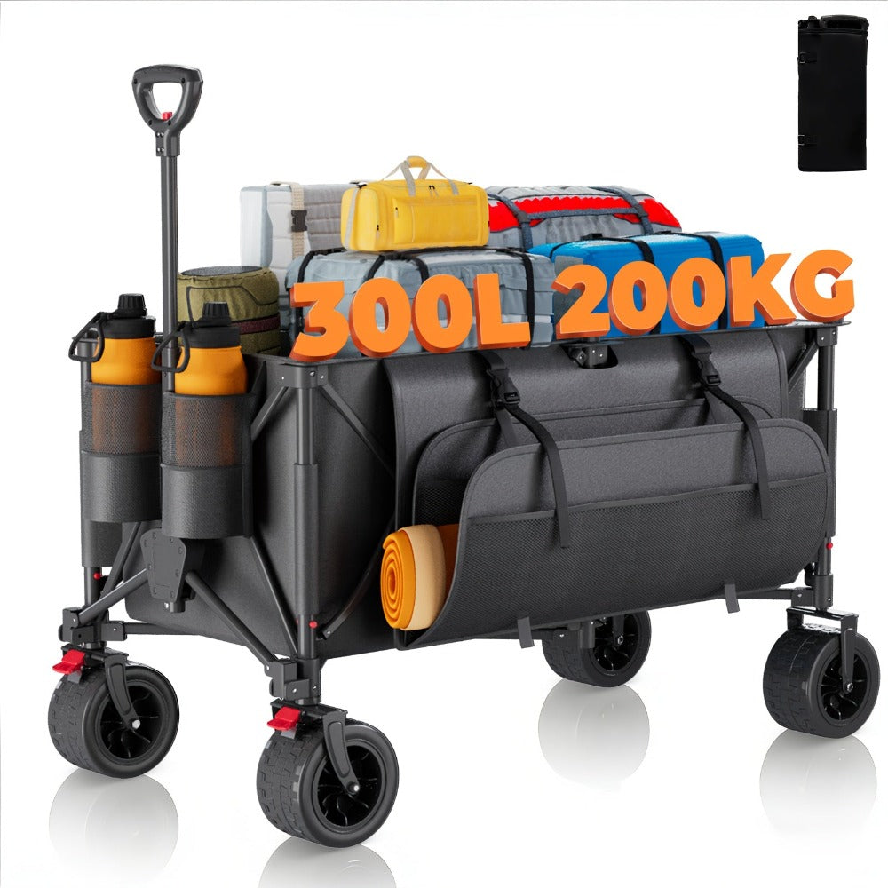 Carro plegable todoterreno de alta resistencia de 300L, carro profesional con certificación GS, ruedas de PU de 17cm con frenos, lona duradera gris oscuro Jet Black, plegable para sitios de construcción/camping, carro profesional