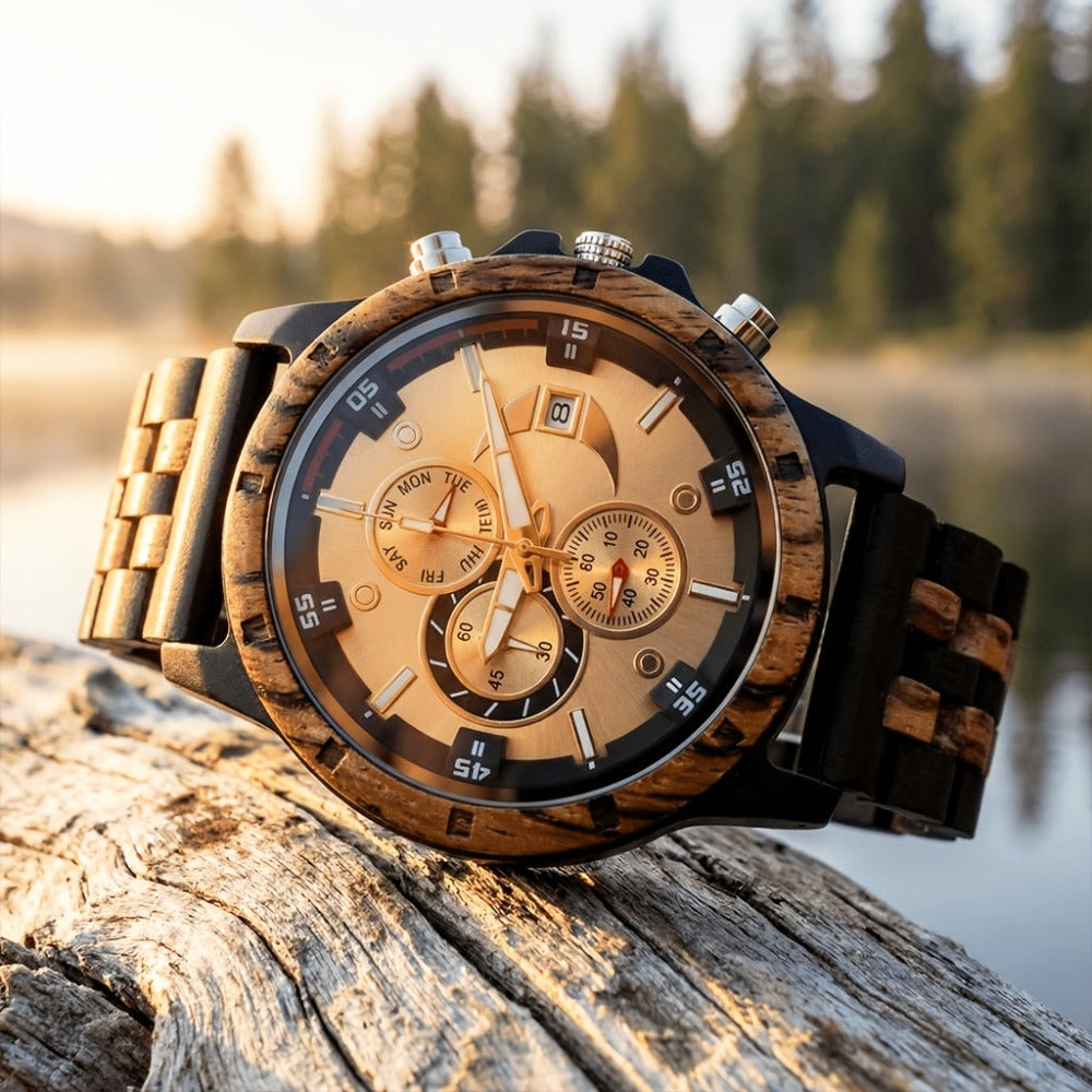 Relojes de Pulsera de Madera para Hombres, Relojes de Cuarzo de Moda con Fecha, Semana y Hora, Caja de Madera para Él
