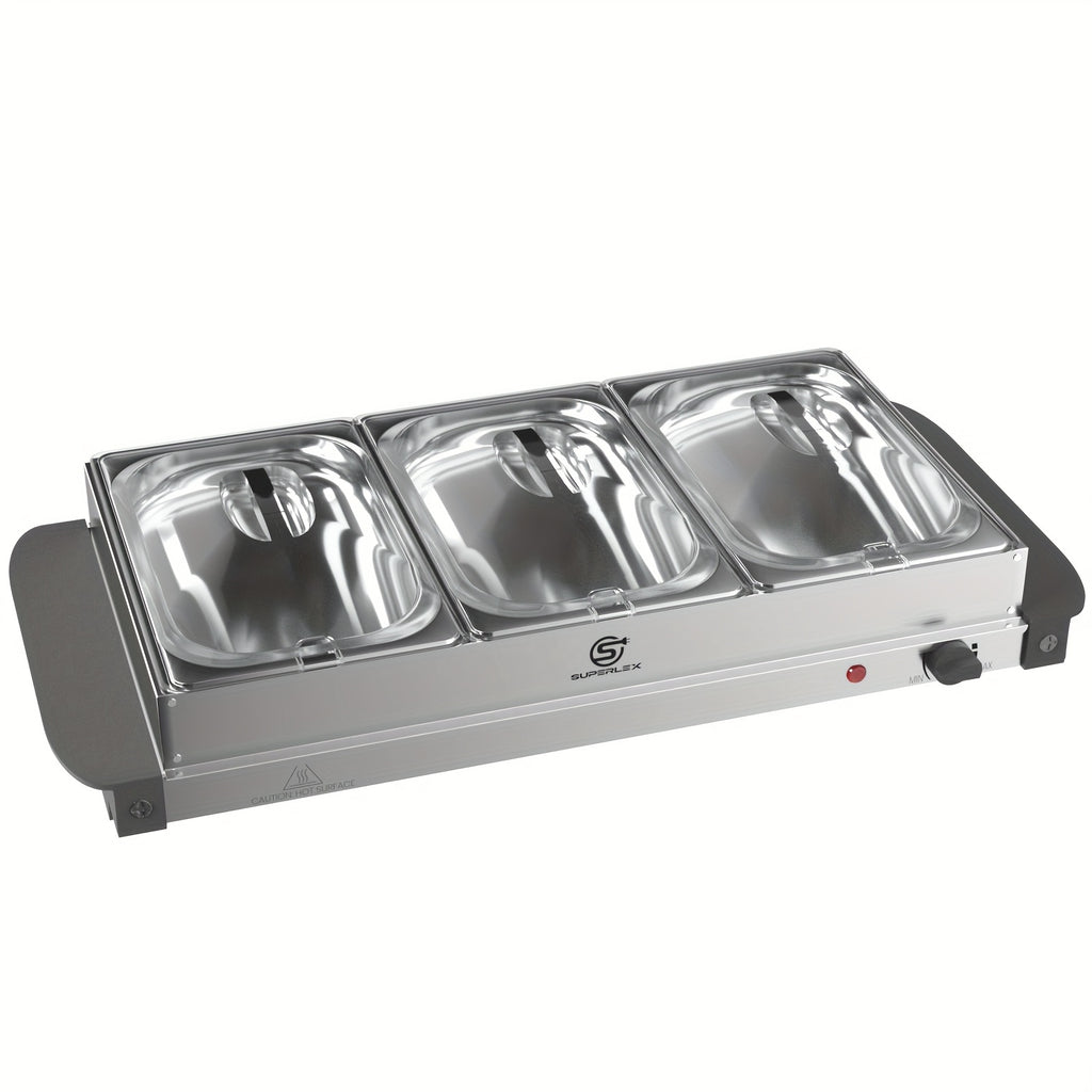 SUPERLEX Servidor Eléctrico de Bufé con Calentador de Comida, que Cuenta con Tres Ollas de 1.5L, un Diseño Espacioso de Acero Inoxidable, una Placa Caliente con Tapas Desmontables, Ajustes de Temperatura Ajustables y un Bandeja de Calentamiento Portátil p