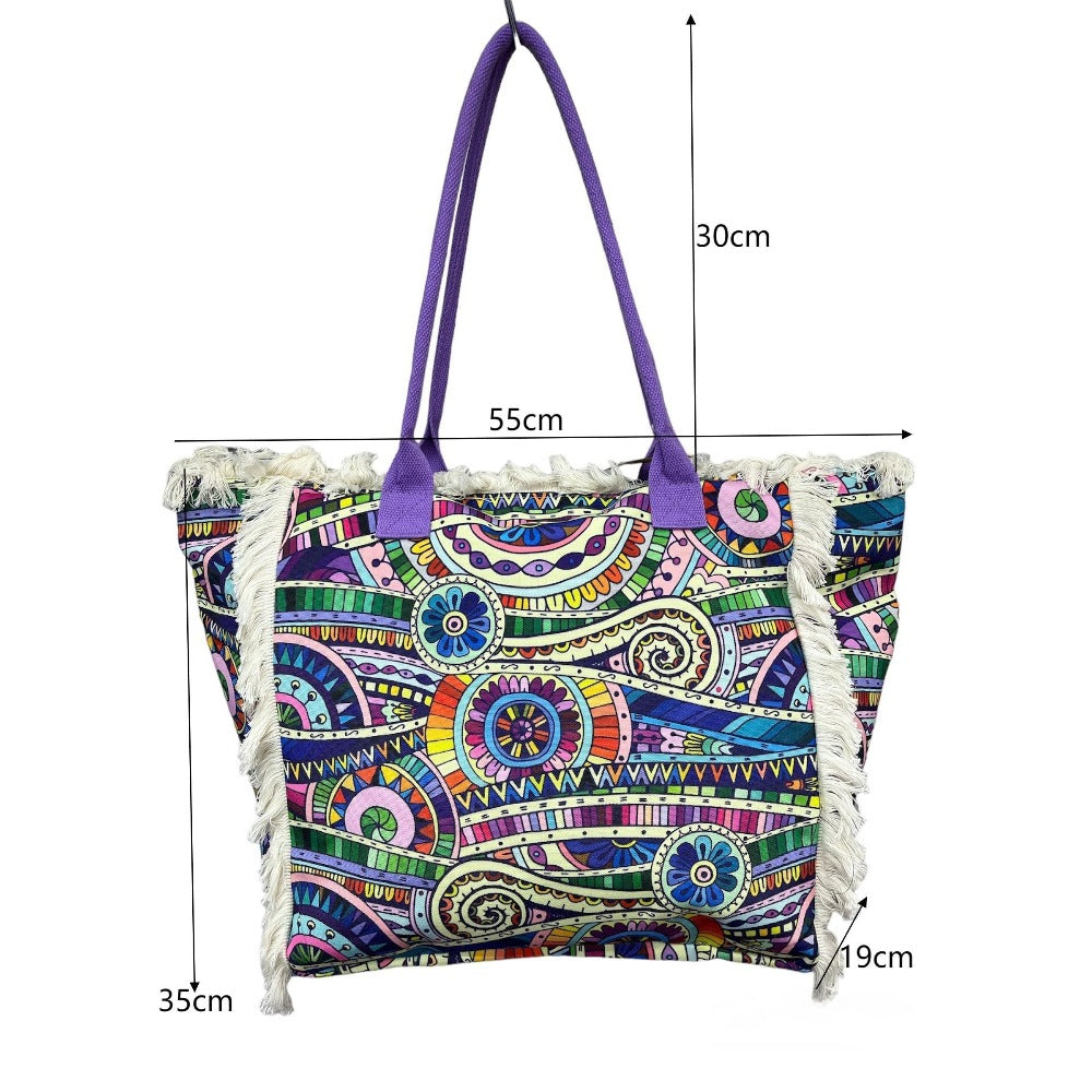 MEJORADA Bolso de Playa Grande con Estampado Colorido y Flecos, Estilo Tote con Forro Interior, Tamaño 55x35x20 cm - Ideal para Playa, Piscina y Viajes