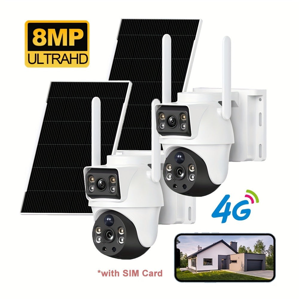 2 Cámaras WiFi de 8MP con Doble Lente, Visión Nocturna a Color, Ángulo de 360°, Audio Bidireccional, Detecção PIR y Alimentación Solar, Compatible con Red 2.4G