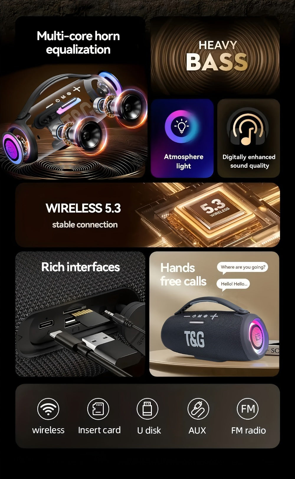 Tablet Altavoz Inalámbrico TG 30W, Altavoz Portátil con Sonido Envolvente Subwoofer