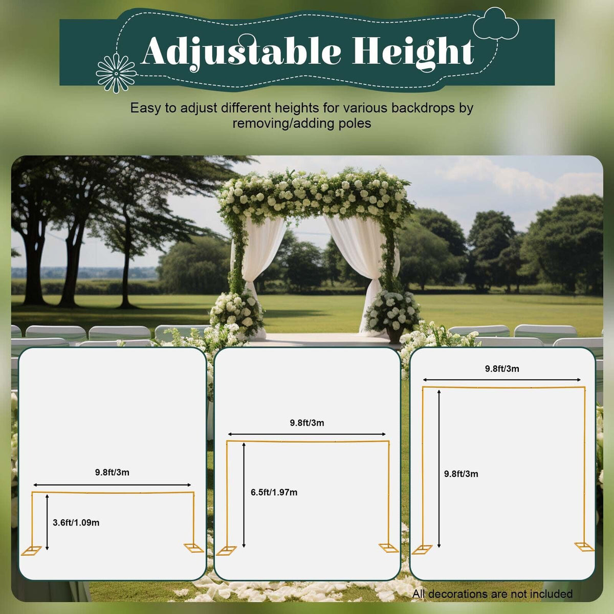 Arco de boda de metal de 3x3 m, soporte de fondo cuadrado ajustable en altura, soporte de arco de globo de metal rectangular para decoración de fondo de cabina de fotos de fiesta de cumpleaños de boda, arcos de boda amarillos para ceremonia