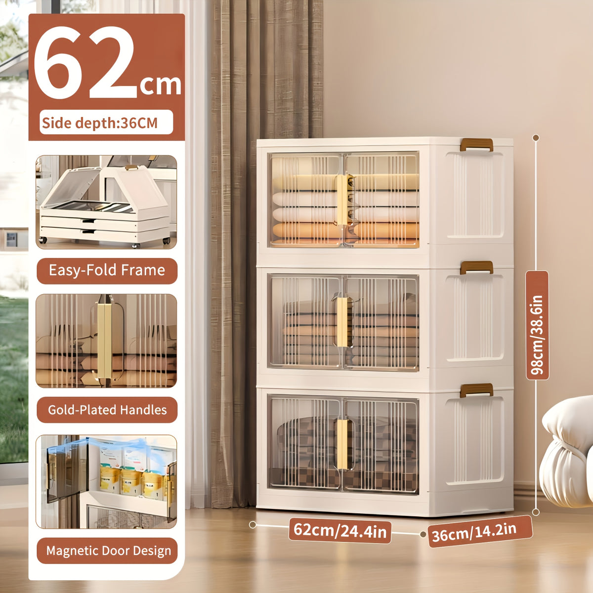 Armario de almacenamiento plegable extragrande de 74 cm con ruedas, puertas magnéticas y paneles transparentes, unidad organizadora de plástico apilable para dormitorio, sala de estar, oficina, despensa y documentos variant image - product 