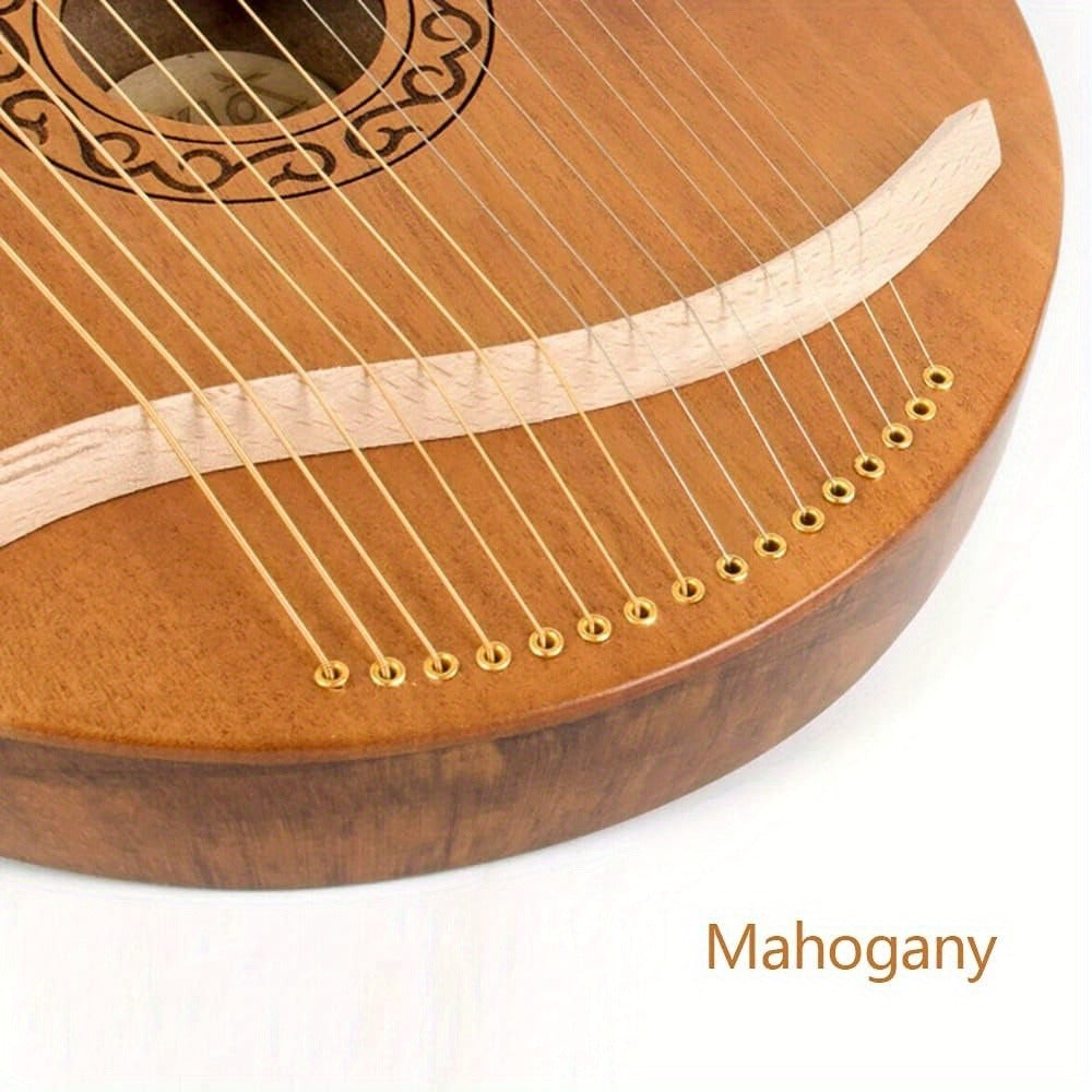 Arpa YIFEICT, Instrumento de Cuerda de Caoba Maciza, Arpa Lira Portátil de 16 Cuerdas, Arpa Lyra Instrumento Vintage, Caoba, Juego de Llaves de Afinación de 16 Cuerdas de Acero (Color de Madera con Patrón Europeo) detail image - detail view