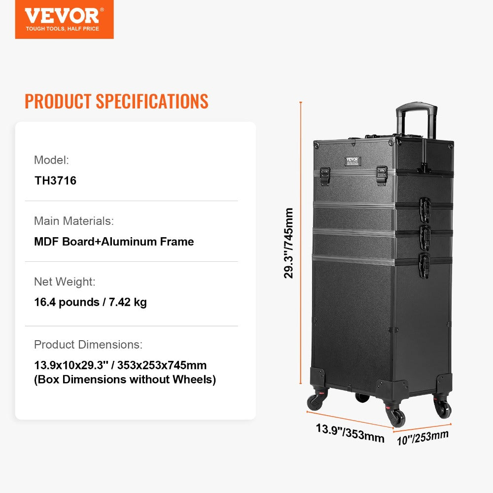 VEVOR 5 en 1 Maleta profesional de maquillaje de aluminio, maleta de maquillaje con ruedas extra grande, organizador de viaje de maquillaje con ruedas giratorias de 360° y palanca ajustable, negro