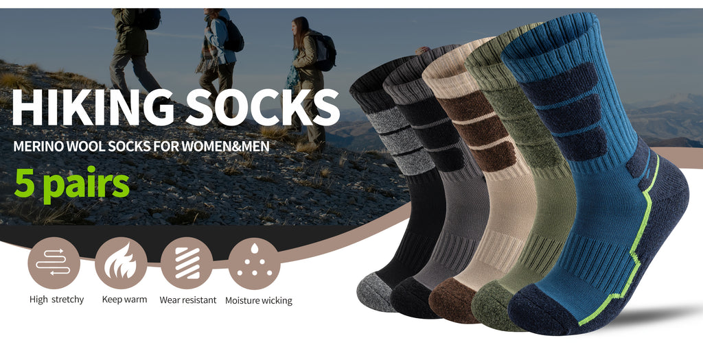 5 Pares de Calcetines de Lana para Hombres y Mujeres - Soporte de Compresión, Transpirables, Absorbentes de Sudor, Medias Acolchadas con Diseño a Rayas - Pack Multicolor para Regalos (Navidad, Halloween, San Valentín), Equipamiento para Aventuras al Aire