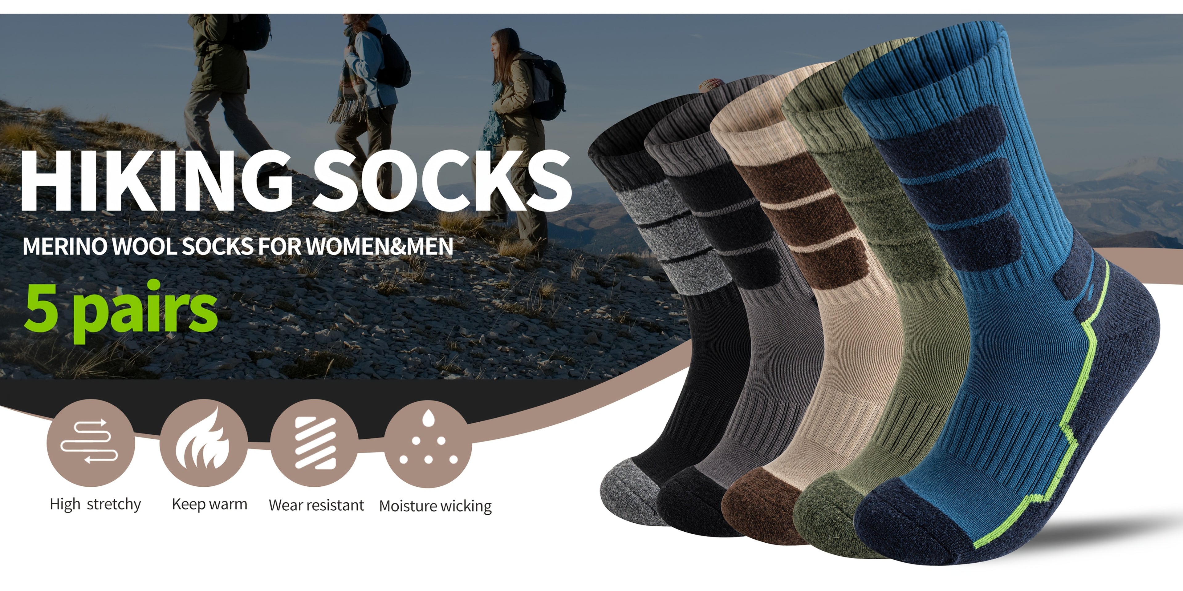 5 Pares de Calcetines de Lana para Hombres y Mujeres - Soporte de Compresión, Transpirables, Absorbentes de Sudor, Medias Acolchadas con Diseño a Rayas - Pack Multicolor para Regalos (Navidad, Halloween, San Valentín), Equipamiento para Aventuras al Aire