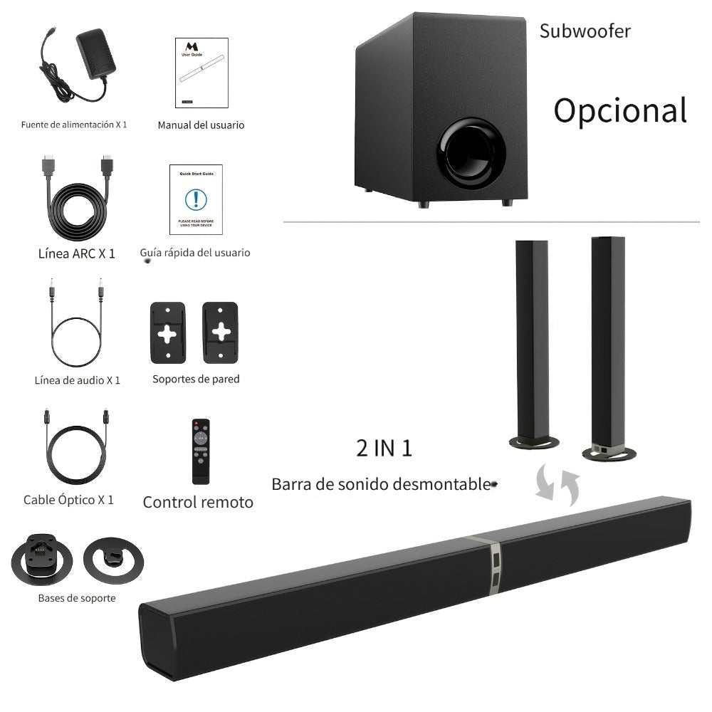 Barra de sonido con subwoofer, barra de sonido para Smart TV, barras de sonido inalámbricas 5.0, graves profundos, sistema de audio para TV con ARC/Opt/AUX para sonido de cine en casa mejorado, altavoz con control remoto por infrarrojos