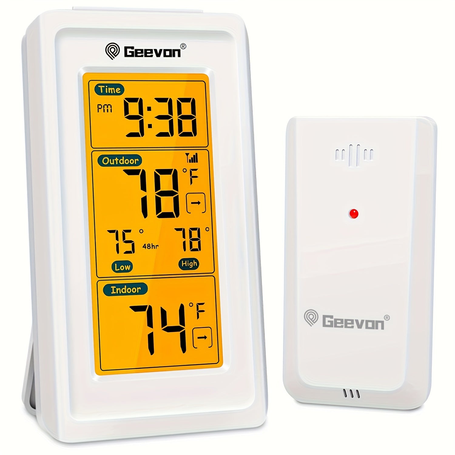 1 pieza GEEVON Medidor de temperatura sin varillas digital para interior y exterior con hora, máxima, mínima, monitor de temperatura con medición de 200 pies/60 m, medidor de temperatura ambiente sin batería, servidor sin función de transmisión