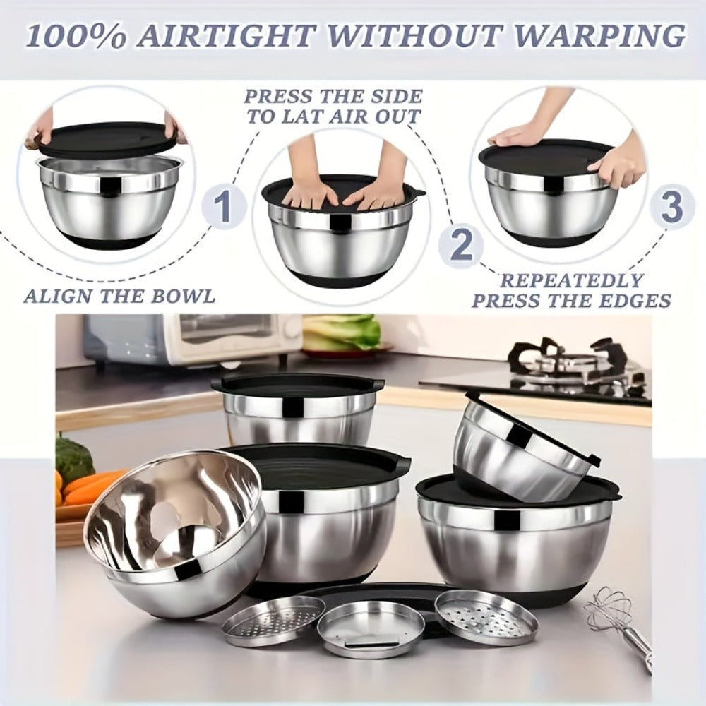 26 tazones para ensalada con tapas, 6 tazones mezcladores de acero inoxidable, 3 accesorios de cuchillo mezclador, 17 herramientas de cocina prácticas, antideslizantes, gadgets de cocina resistentes al óxido para ensaladas y más