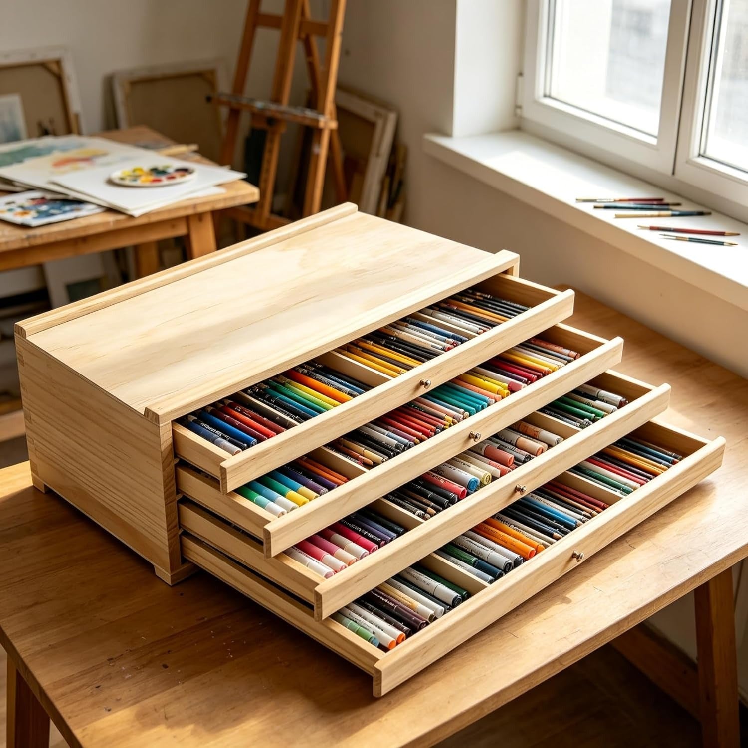 Caja de Almacenamiento para Materiales de Arte de 4/8 Capas - Estuche Grande Multifuncional con Cajones y Separadores, Adecuado para Tizas de Colores, Lápices, Bolígrafos, Marcadores, Pinceles y Sellos, También se Puede Utilizar Como Caballete o Decoració