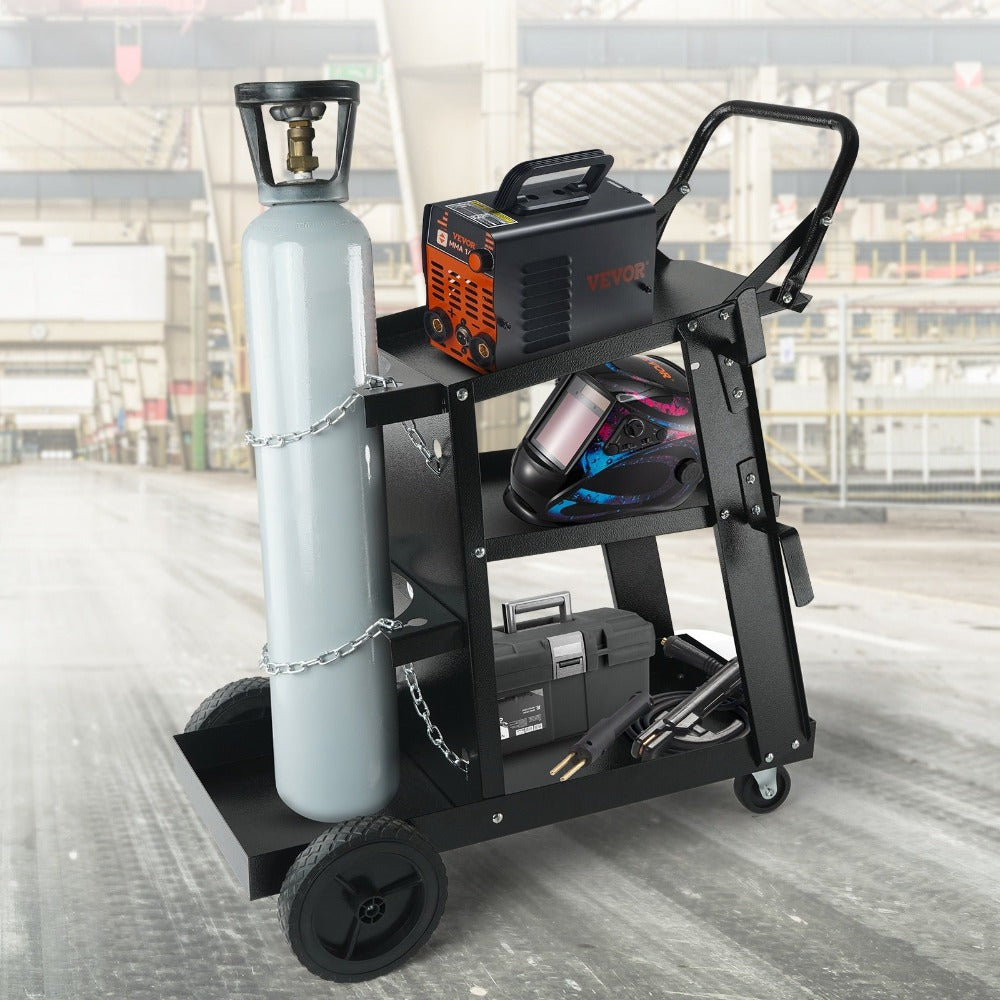 Carro para soldar VEVOR de 3 niveles con gran capacidad de carga de 400 libras, ruedas giratorias de 360°, cadenas de seguridad para almacenamiento de tanques, carro para soldar MIG con ruedas para máquinas de soldar TIG, ARC, MMA y cortadoras de plasma