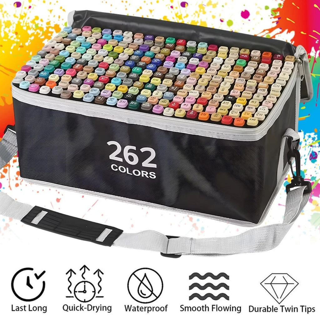 Juego de 262 rotuladores de doble punta con estructura cuadrada y bolsa de almacenamiento para pintar, dibujar y diseñar, suministros de pintura, herramientas de arte, herramientas de grabado, rotuladores de pintura