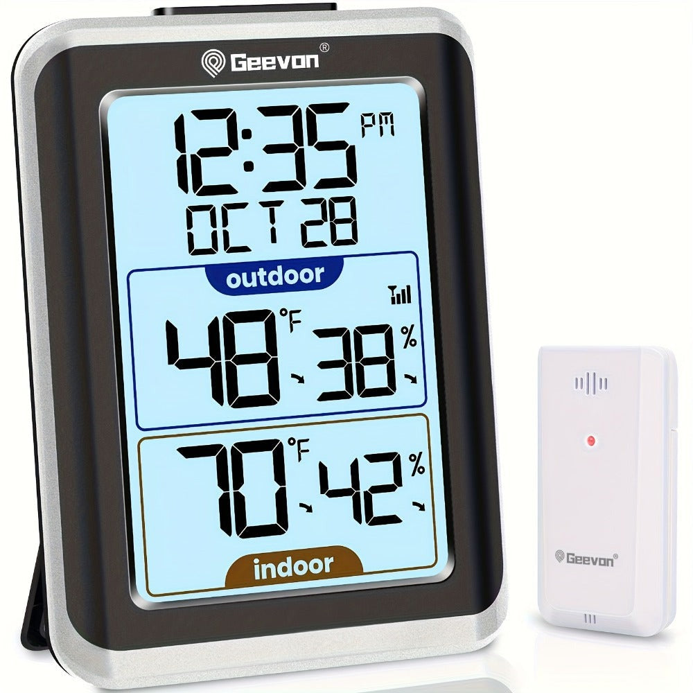 GEEVON Termómetro y higrómetro digital inalámbrico con reloj - Uso interior/exterior, escala dual (Fahrenheit/Celsius), monitor de temperatura y humedad de alta precisión, montable en la pared