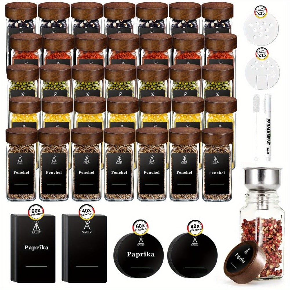 Paquete de 12/24/35 Tarros Cuadrados para Especias de 120ml con Tapas de Madera de Acacia | Recipientes de Vidrio Borosilicato, Etiquetas Integradas y Dispensador Agitador | Tarros Premium para Almacenar Hierbas en la Cocina, Condimentos